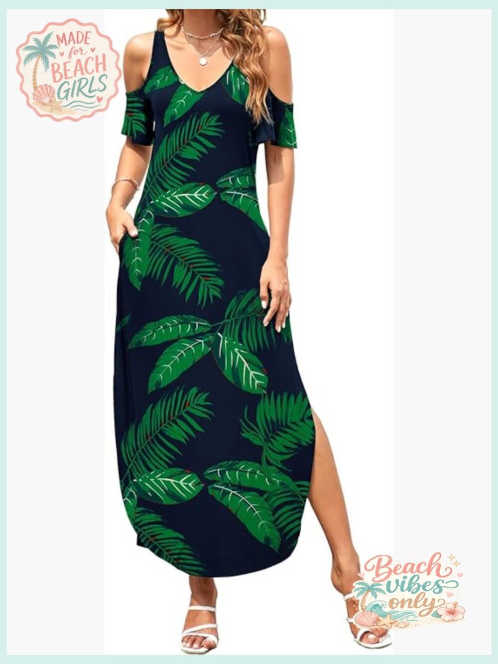 V Neck Cold Shoulder Maxi Dress with Pockets